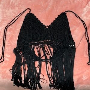 Halter Fringe Black Tobi Top